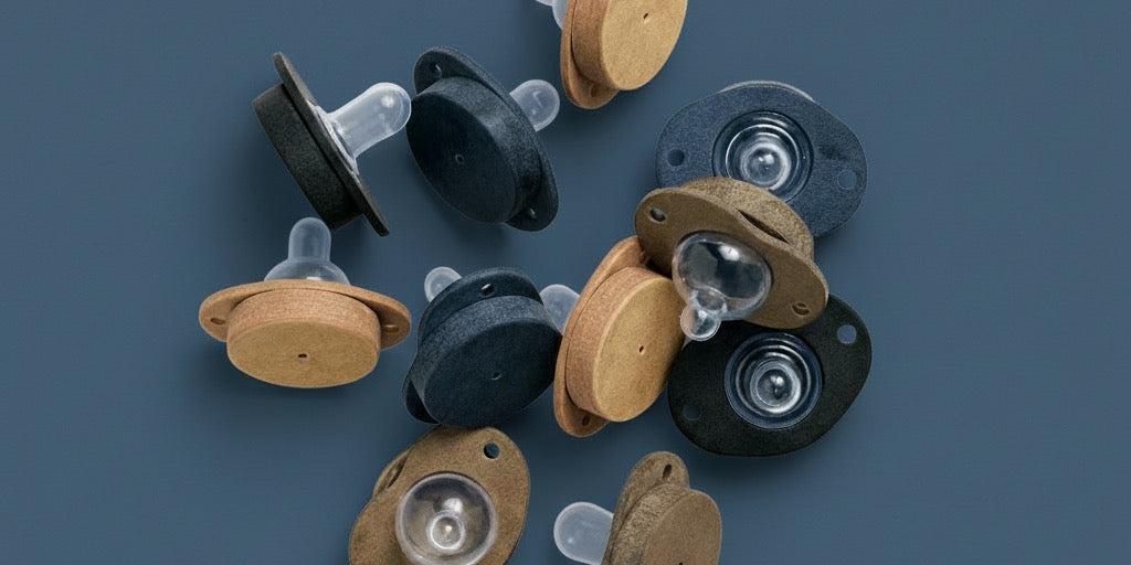 multiple pacifiers scattered on a blue backdrop