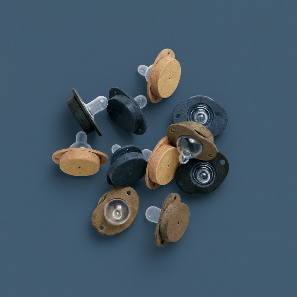 multiple pacifiers scattered on a blue backdrop